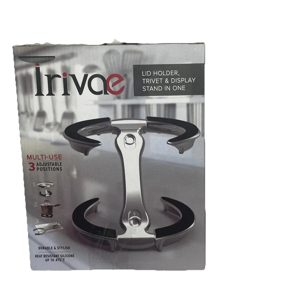 Trivae Multi-Use Lid Holder Trivet and Display Stand Blue Silver Heat Resistant